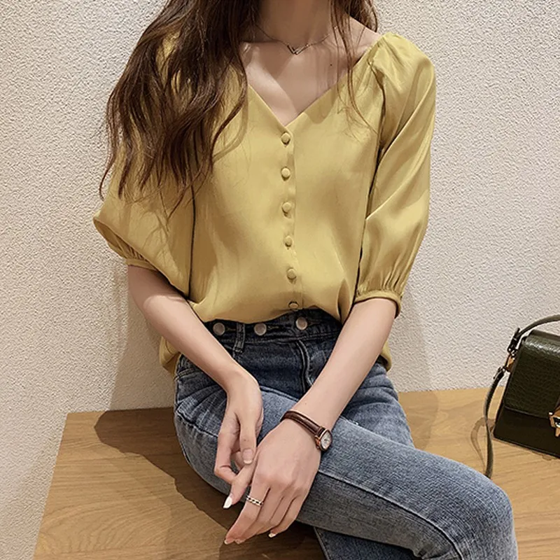 

Summer Tops for Women Blouses White Sexy Puff Sleeve Blouse Female Shirts Ruffle Top Streetwear Korean V Neck Clothing
