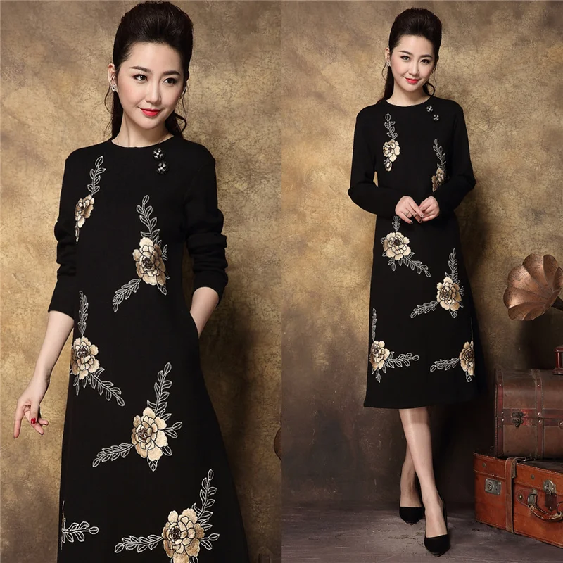 Женское винтажное вязаное платье с вышивкой элегантные вечерние платья для