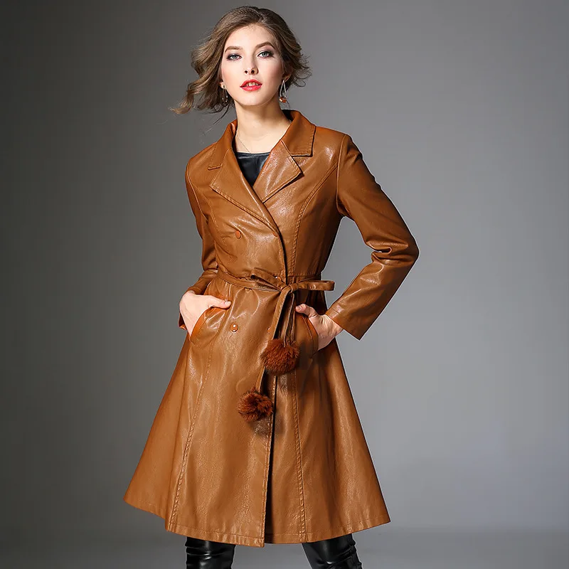 Осень 2018 новинка Куртки из искусственной кожи женский длинный Тренч женская
