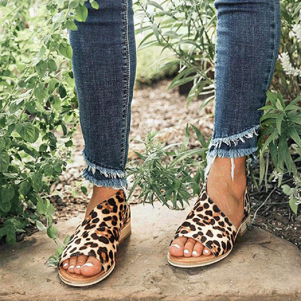 Сандалии в римском стиле Женские сандалии Летние леопардовые с открытым носком