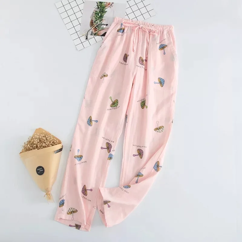 Mushroom Pink Женские Штаны Для Сна марля хлопок Цветочный принт сетки полоса разные стили сна зауженные книзу брюки Мягкие штаны домашняя одежда - Цвет: Mushroom Pink