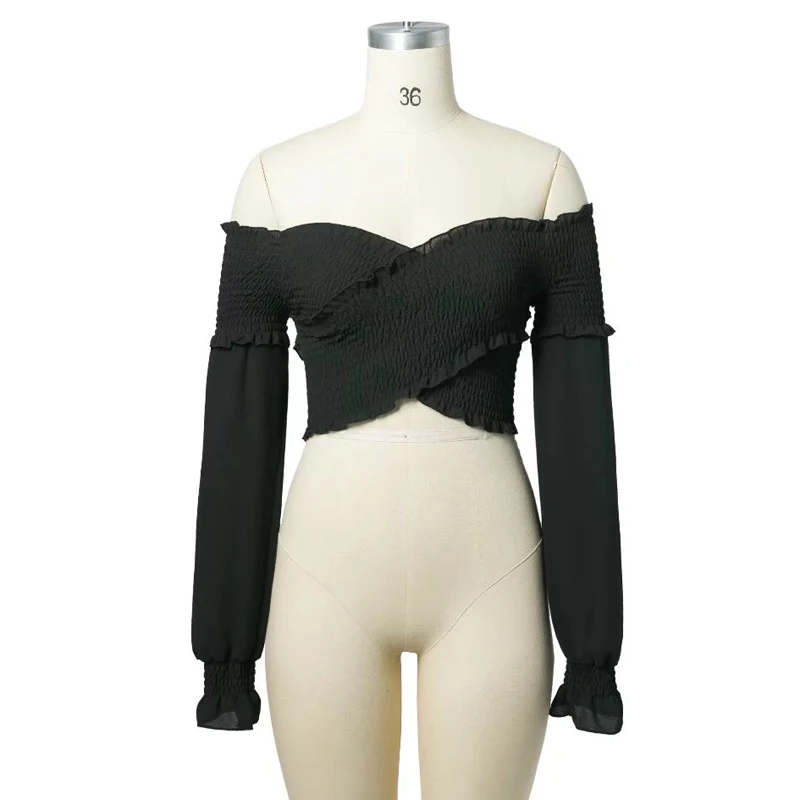 

Casual Women Ruched Elastic Long Sleeve Solid Slash Neck Crop Top T-shirt With Lantern Sleeve