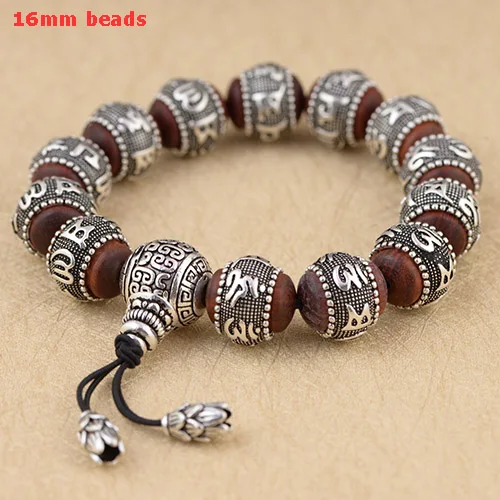 16mm beads 925 пробы Серебряный браслет Будды мантра из бусин для мужчин и женщин Тибетский ОМ МАНИ ПАДМЕ ГУМ браслет лбулярный красный сандаловое дерево инкрустированный - Окраска металла: 16mm beads