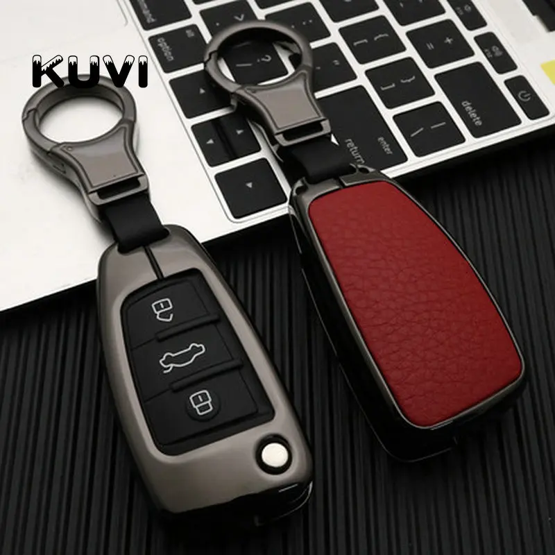 black red Цинковый сплав Кожаный Автомобильный Брелок-чехол для дистанционного ключа чехол для Audi A3 8L 8P A4 B6 B7 B8 A6 C5 C6 4F RS3 Q3 Q7 TT - Название цвета: black red