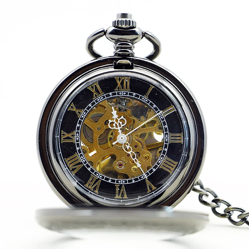 Antique Round Pattern Engraving Roman Numerals Mechanical Pocket Watch Retro Steampunk Manual Winding Fob Chain Men's Watch