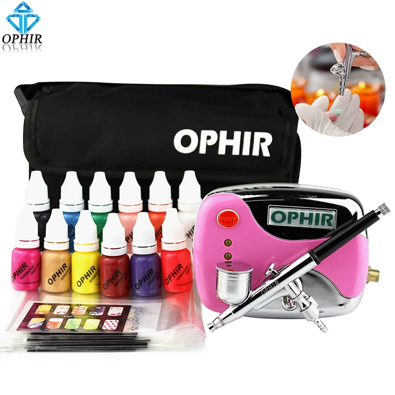 OPHIR 0.3mm Nail Airbrush Kit with Air Compressor 12 Nail Inks 20x Nail Art Stencils & Bag & Cleaning Brush Nail Tools_OP-NA001P enlarge