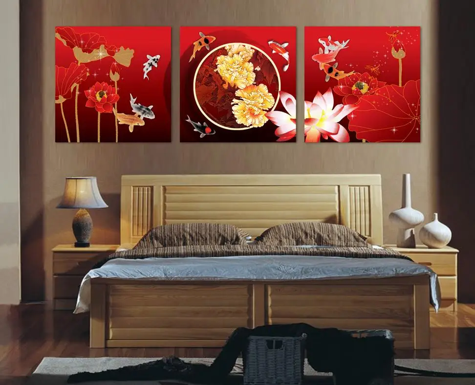 3 шт. холст стены искусства красный цветок рисунок и искусство кои настенные