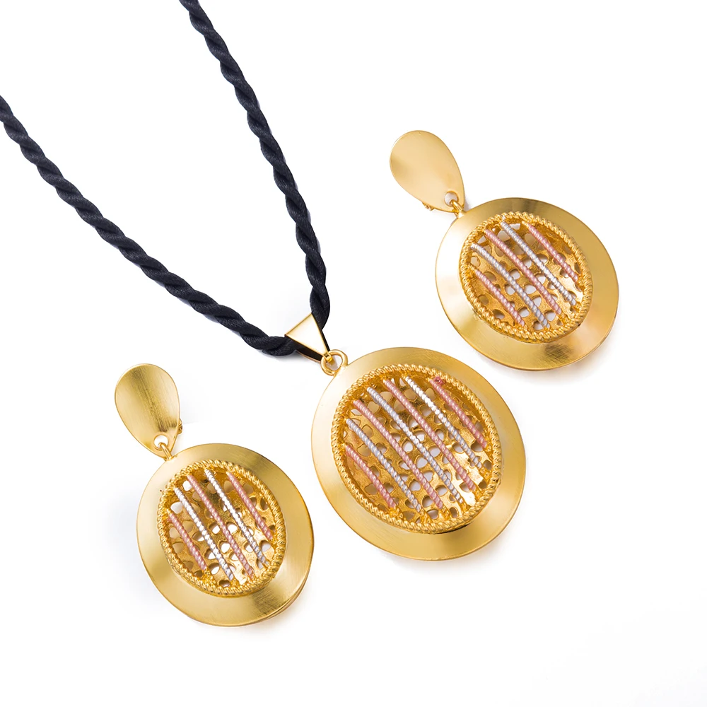 WANDO Ethiopian set Fashion Jewelry Sets For Women Three Layer Statement Necklace Gold Color Earrings Wedding gift ws67 | Украшения и