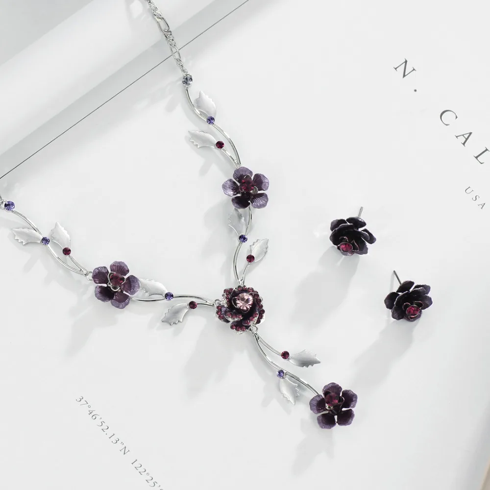 Neoglory Rhinestone &amp Enamel Jewelry Set Elegant Flower Style Necklace Earrings Women Embellished With Crystals From Swarovski |