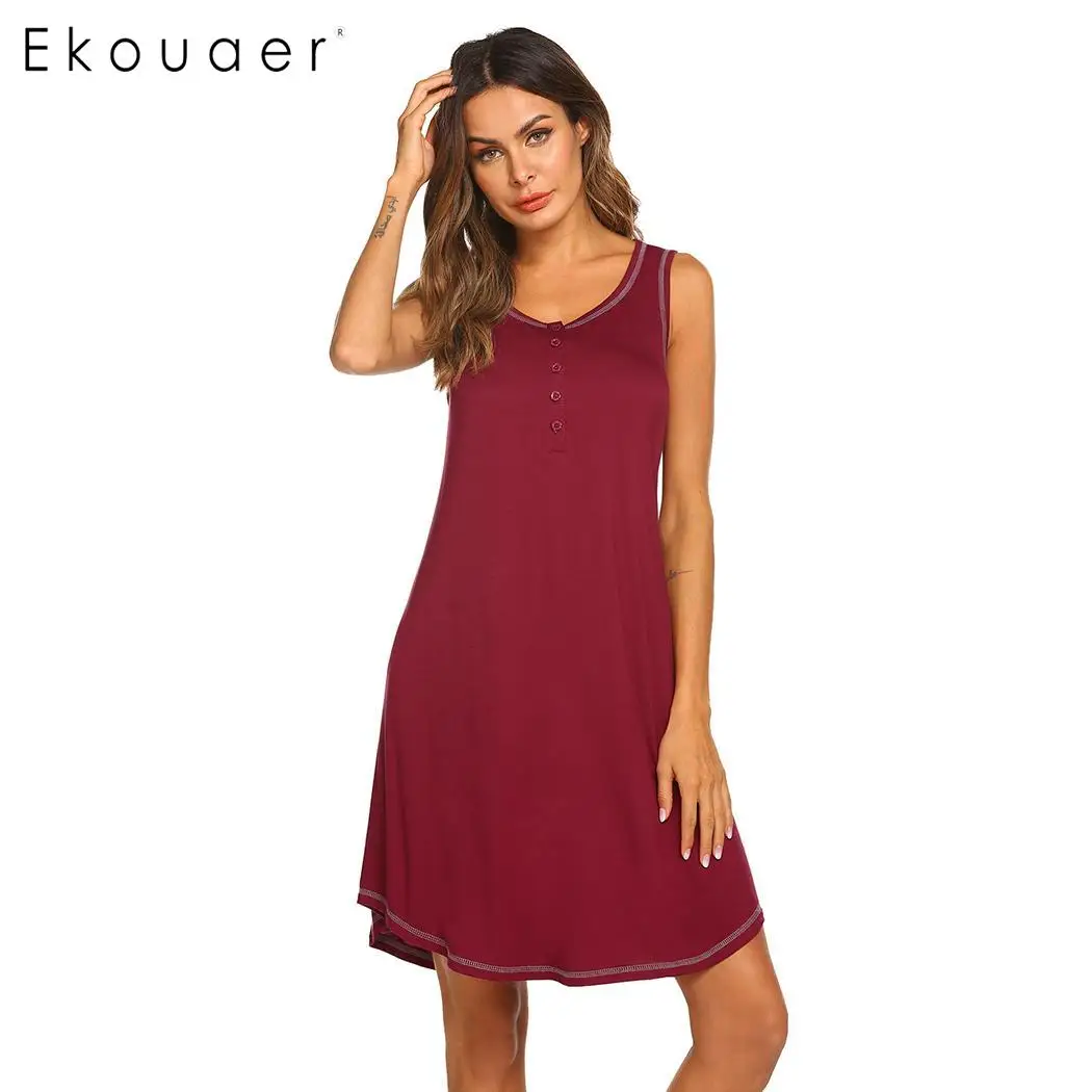Wine Red Ekouaer, Женское ночное платье, домашняя одежда, летняя ночная рубашка, однотонная, без рукавов, круглый вырез, кнопка, ночная рубашка для беременных, одежда для сна - Цвет: Wine Red