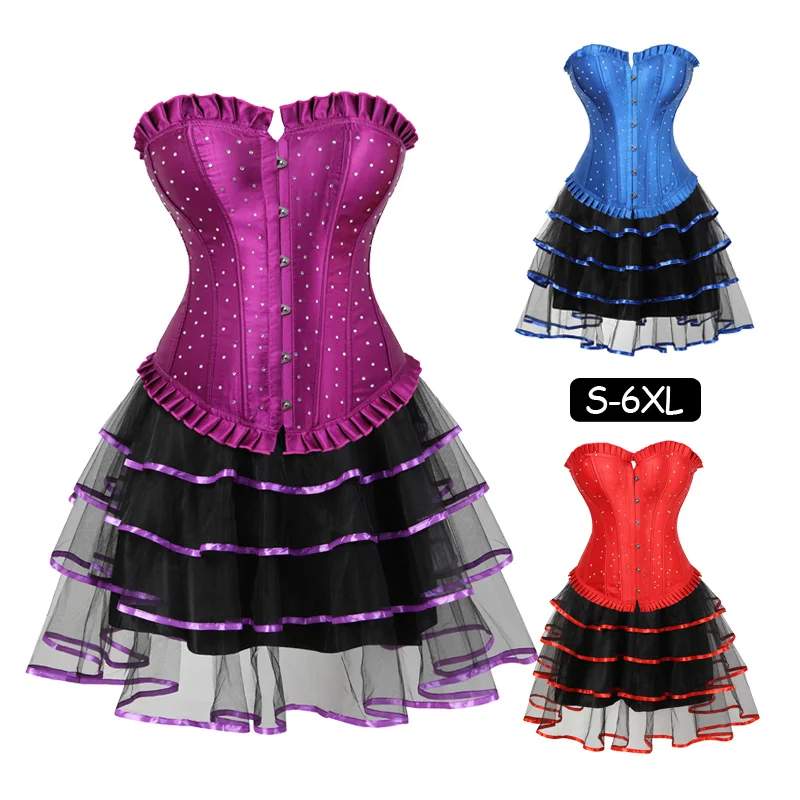 4 слоя кружевного атласа стразы корсет платье сексуальный женский комплект