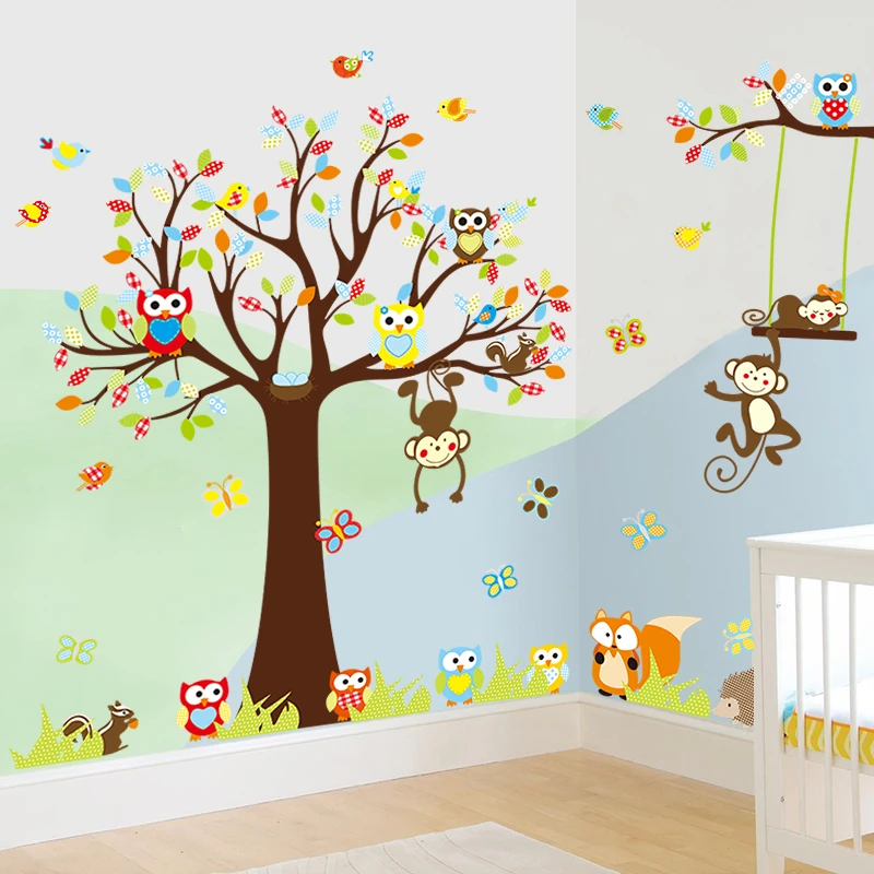 Фото Милые наклейки на стену с изображением обезьяны и совы большим деревом для