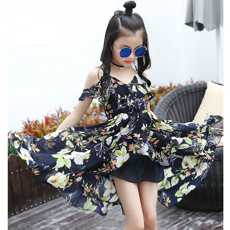 

Kids Dresses For Girls Summer Chiffon Long Beach Dress Off Shoulder Floral Print Girls Bohemian Dress Girls Sundress