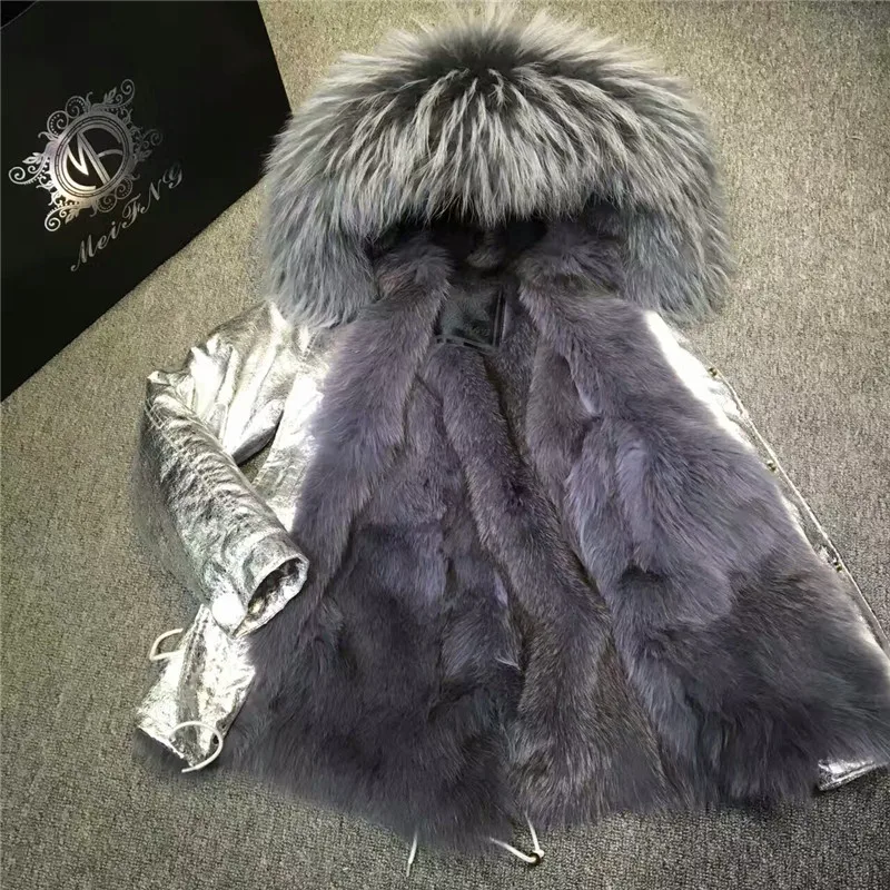 Новая женская Серебристая кожаная куртка с серой подкладкой из лисьего меха