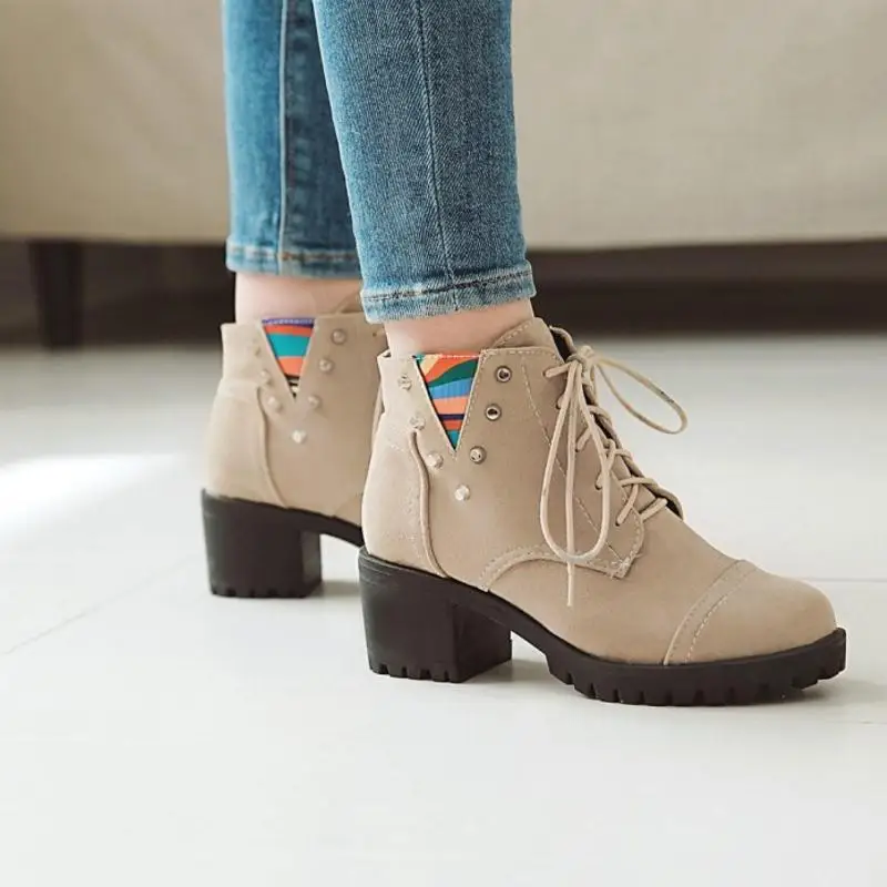 Cuculus плюс Size34-43 женские ботинки на высоком каблуке с заклепками смешанных Цвет Ботильоны Туфли на шнуровке Женская мода Зимние полуботинки 1153