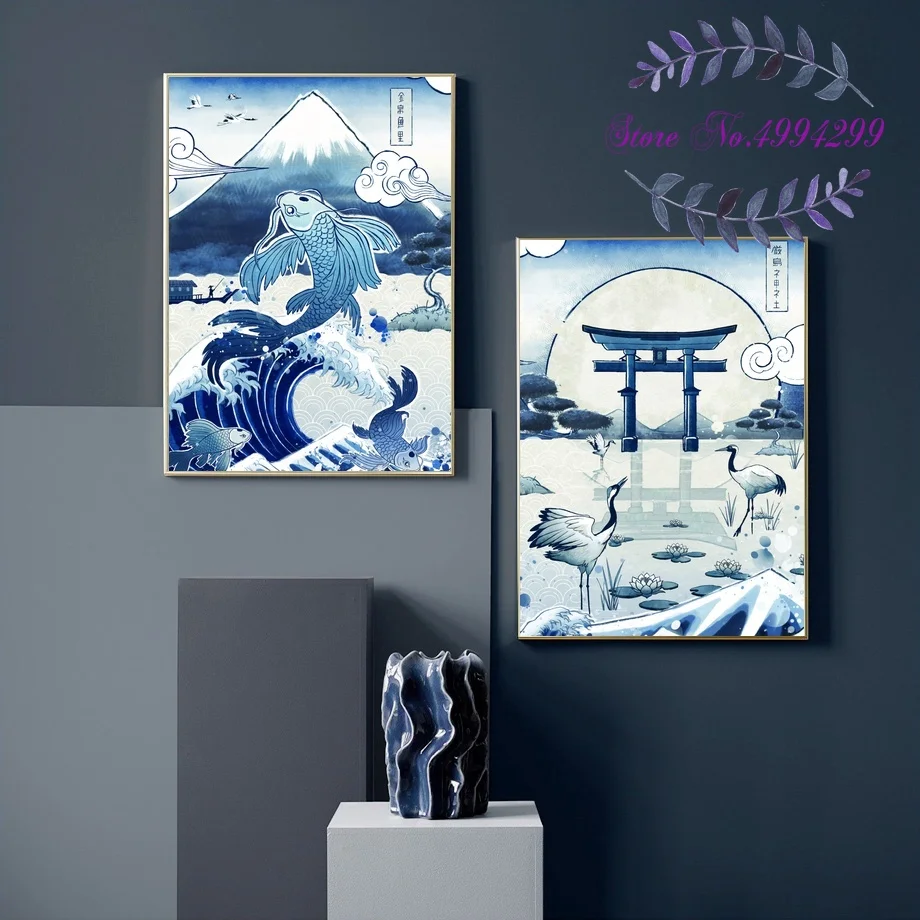 Абстрактное японское винтажное искусство Koi Fuji Crane Torii японский стиль Пейзаж