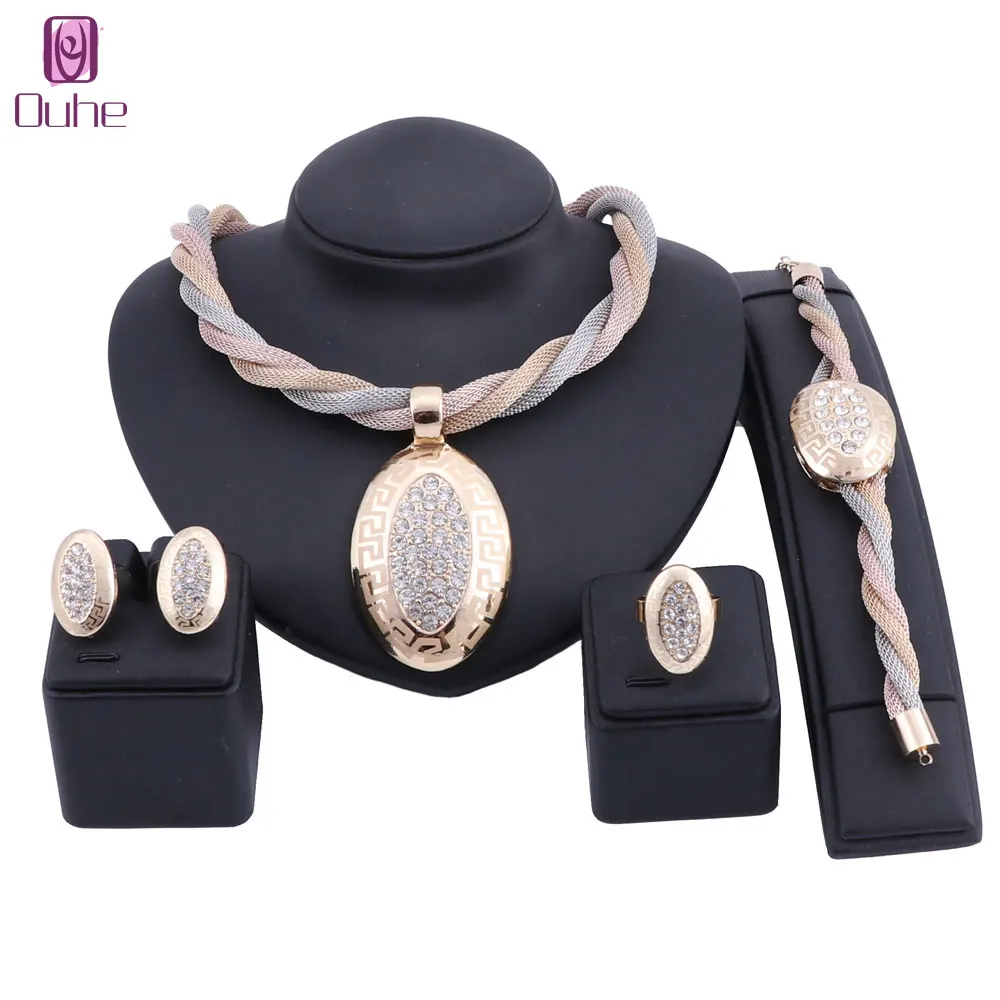 Изысканный Дубай Золотой Кристалл 3 цвета цепи Овальный кулон комплект роскошные