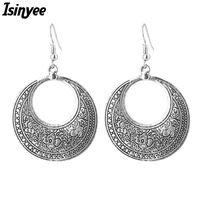 isinyee fashion antique flower carved circle hoop earrings for women bijoux vintage tibetan silver ethnic earring jewelry