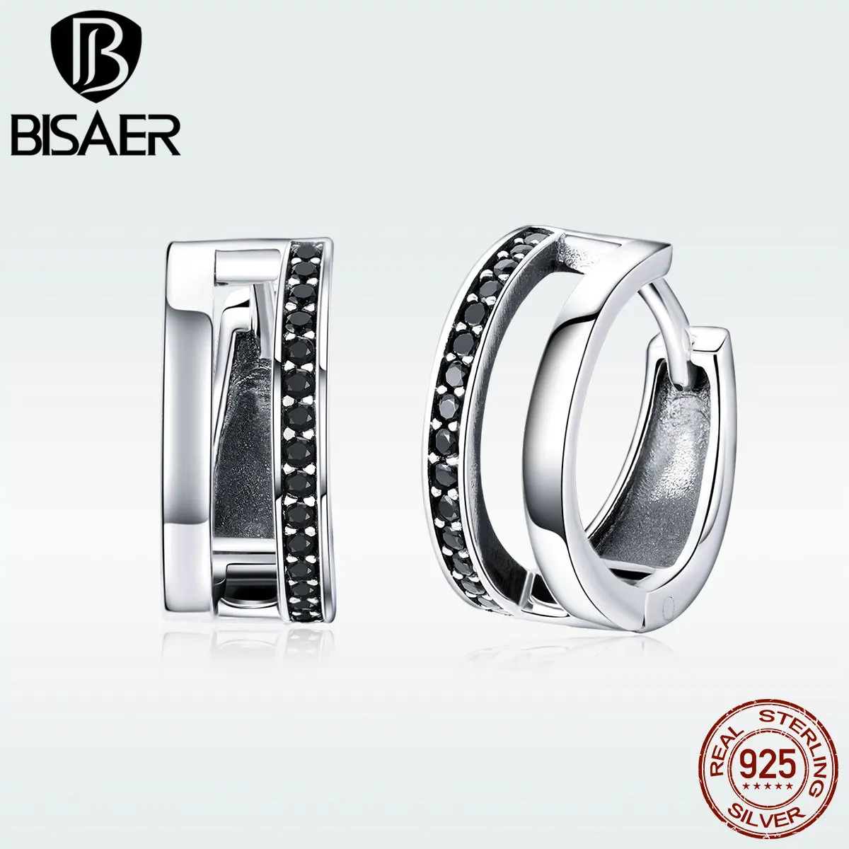 BISAER, серьги для женщин, 925 пробы, серебряные, крутые, черные, серьги-кольца, унисекс, панк, ювелирное изделие, прекрасный подарок, Argent Bijoux GXE444