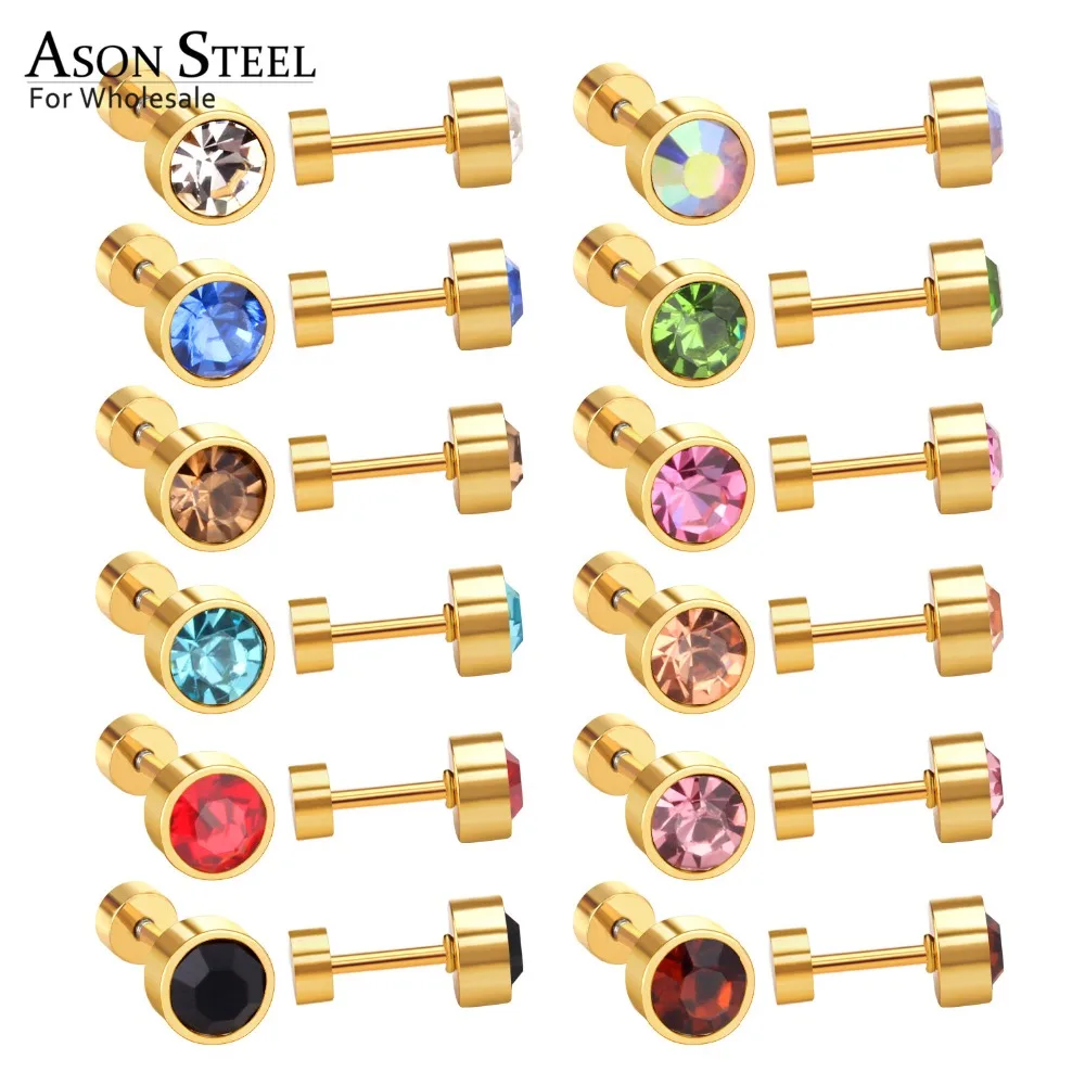 

ASONSTEEL 12pairs/lots Stainless Steel Anti-Allergy Earrings Trendy Jewelry Colorful Cubic Zirconia Screw Stud Earrings Female