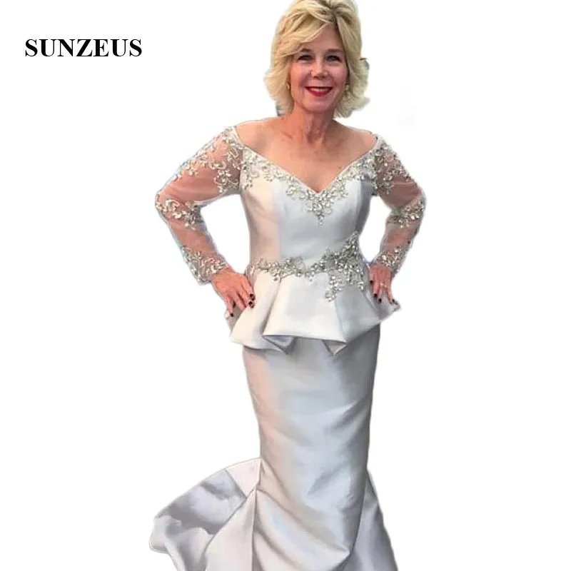 

Sliver Satin Formal Dresses for Women V Neck Long Sleeve Mother of the Bride Dress Appliques Beaded Peplum Groom Gowns SMD37