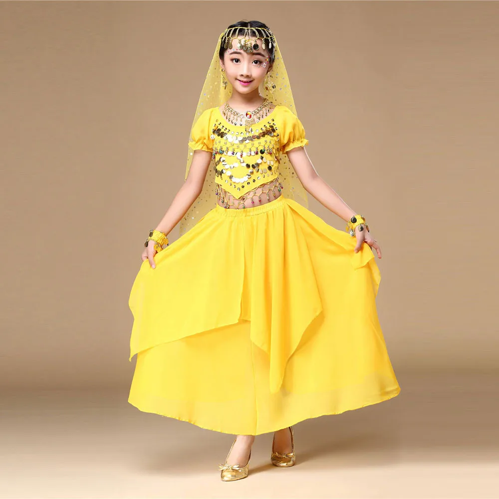 Baby Boys Summer Clothes Set Cotton Kids' Girls Belly Dance Outfit Costume India Top+Skirt Yellow F419 | Детская одежда и