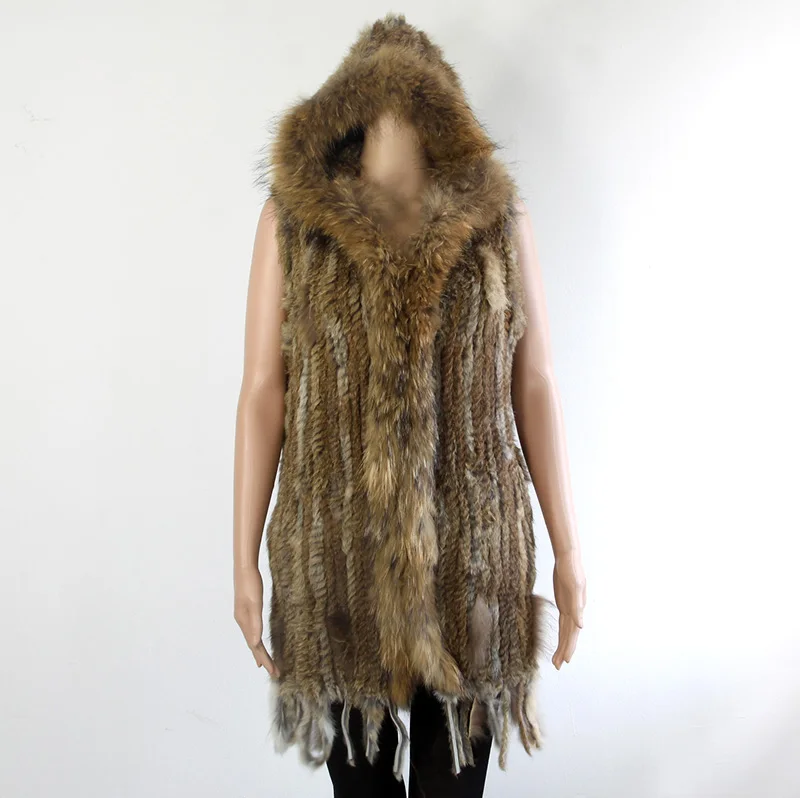 Длинный женский вязаный жилет с капюшоном из натурального кроличьего меха енота