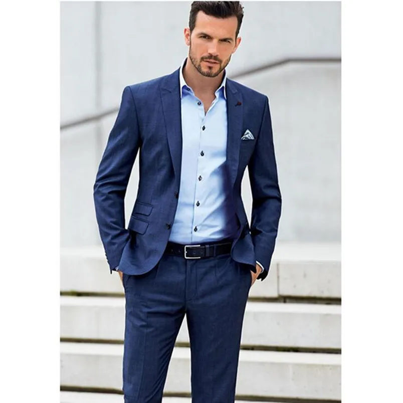 

Custom Made Bule Groom Tuxedos Peak Lapel Men's Suit For Wedding Groomsman Bridegroom Wedding Prom Suits(Jacket+Pants)