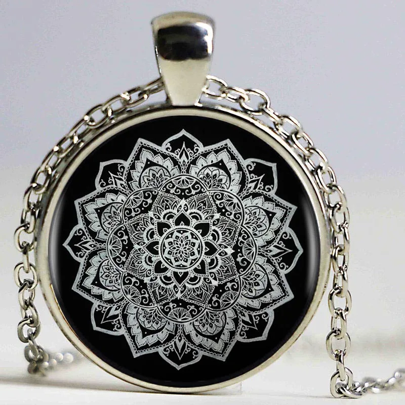 Индийская мандала цветок кулон ожерелье тату Цветок Черное Ожерелье-цепь