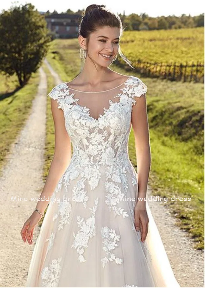 Винтаж свадебное платье Vestidos de Novia из кружева, с вырезом на шее, с аппликацией Свадебные платья без спинки платье невесты из тюля