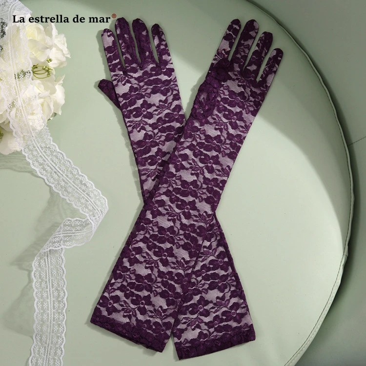 Guantes de encaje распродажа длинные кружевные фиолетовые черные белые красные розовые свадебные перчатки цвета шампанского свадебные перчатки Дешевые gant mariage fem