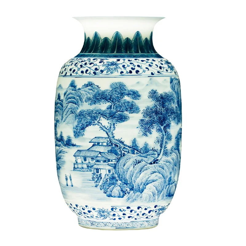 Jingdezhen Masters ручная роспись пейзажей сине-белая фарфоровая тонкая ваза для цветов