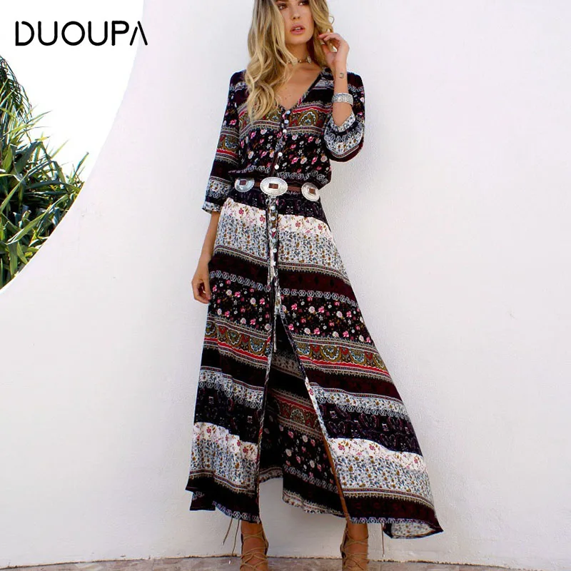 DUOUPA новых богемной печати длинное платье женские макси длинное платье с цветочным принтом в стиле ретро хиппи шик брендовая одежда богемное платье