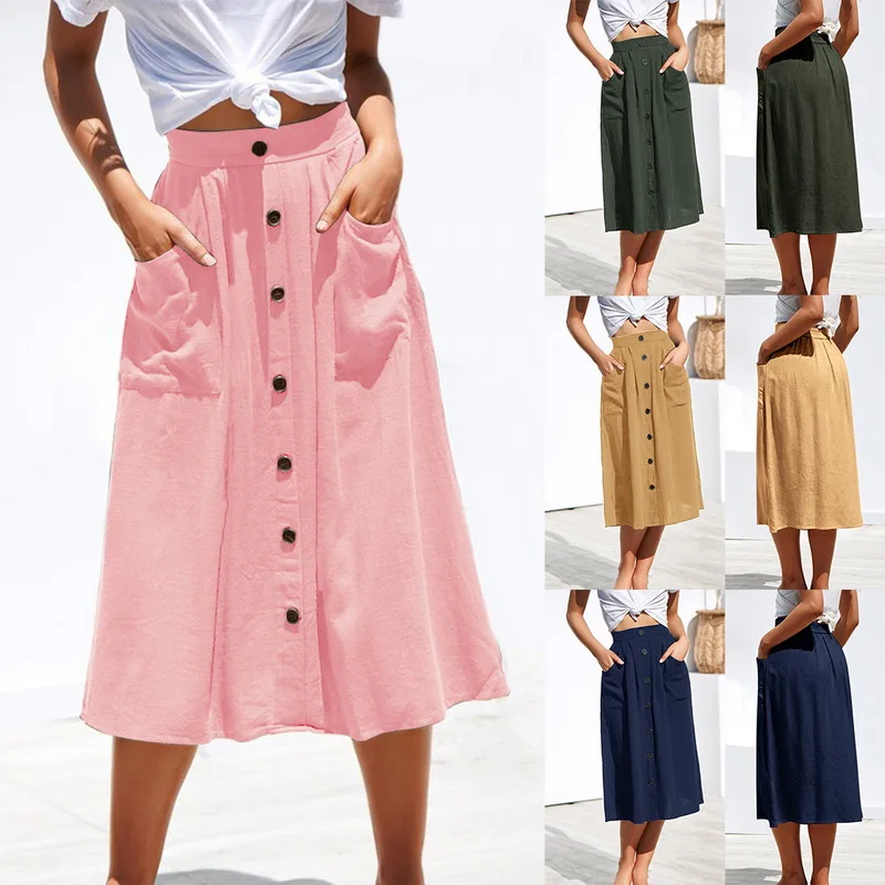 Puimentiua 2019 Summer Fashion Women Solid-Colored Mid Long Single-Breasted Skirt High Waist Buttons Pocket Elegant Midi skirt | Женская