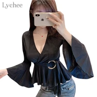 lychee harajuku flare sleeve round ring women blouse shirt v neck long sleeve waist sexy fashion female short blouse tops
