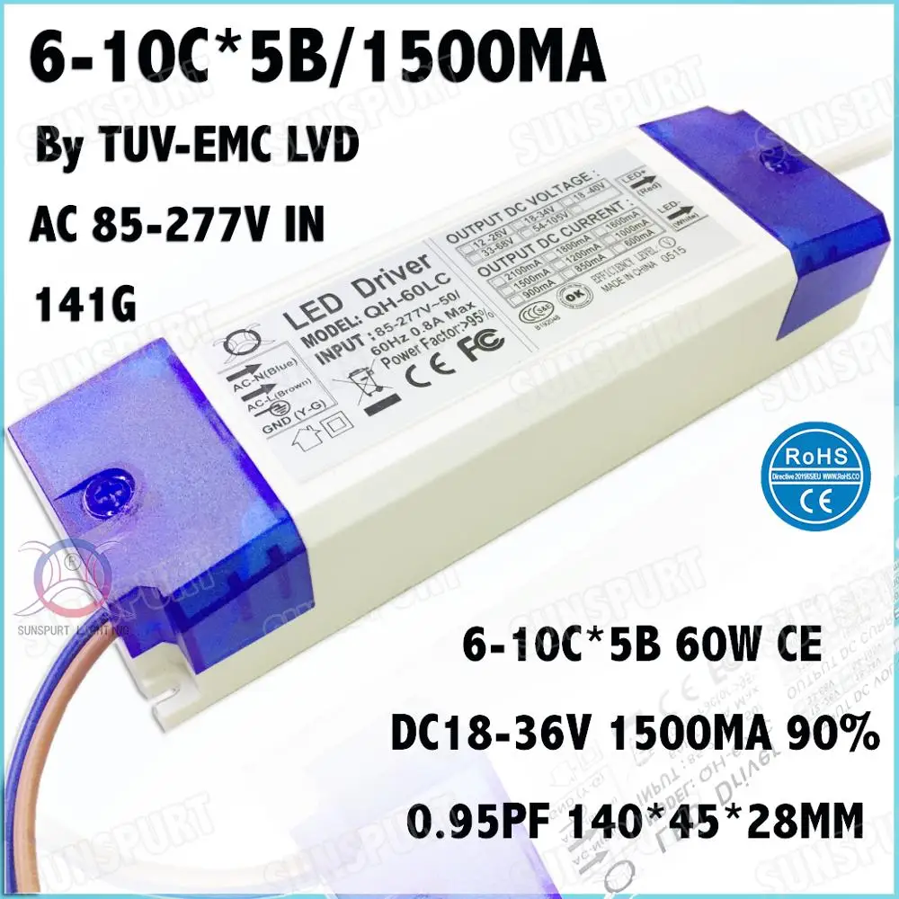 2 предмета, TUV-CE 60 W Светодиодный драйвер 6-12Cx4B 1200mA DC18-40V 6-10Cx5B 1500mA DC18-36V постоянного тока для прожекторы