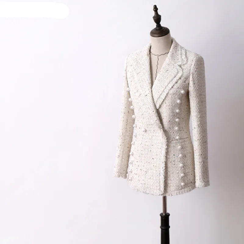 Женский твидовый Блейзер ручной работы двубортный пиджак в синюю полоску с