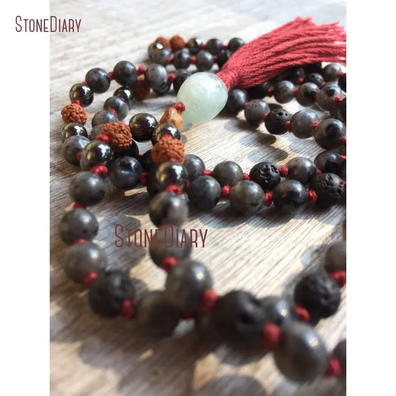 Ручная вязка Larvikite Hematite Rudraksha 108 шарик мала лавовый камень с бисером гуру Aquamarines