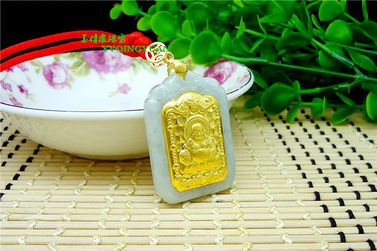 3D Золотой инкрустированный натуральный нефрит Guanyin Будда подвеска h1 #|Подвески| |