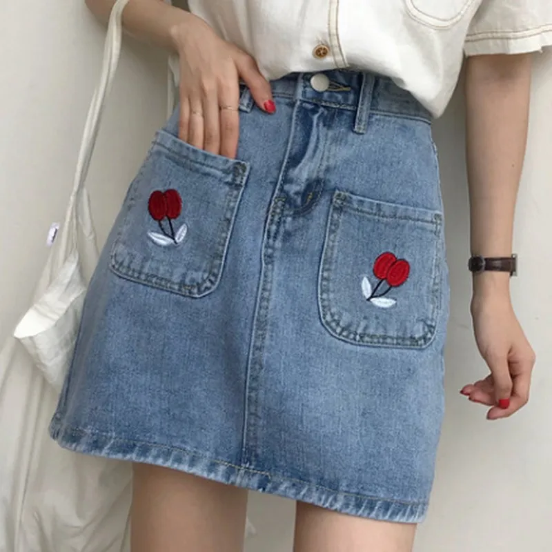 Летняя джинсовая женская юбка с вышитыми цветами повседневная корейская модная