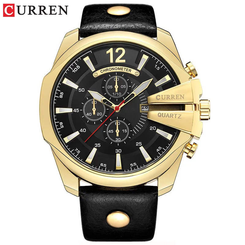 gold black Мужской Элитный бренд CURREN новые модные повседневные спортивные часы Современный дизайн кварцевые наручные часы из натуральной кожи ремешок мужские часы - Цвет: gold black