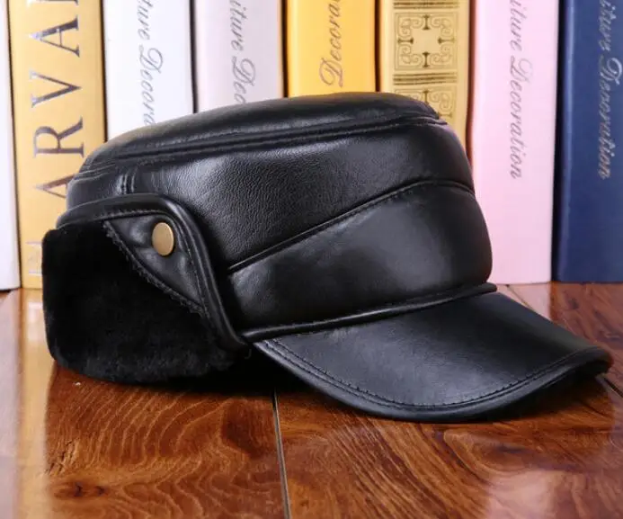 Мужская зимняя шапка 100% из овечьей кожи кепки с плоскими ушками для пожилых людей