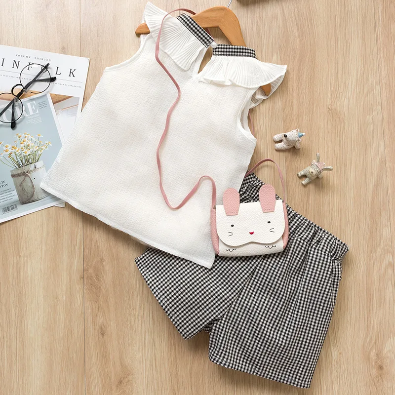 2019 girls clothes sets summe new children fashion cotton sleeveless tops+plaid shorts 2pcs suits for kids casual clothing | Детская