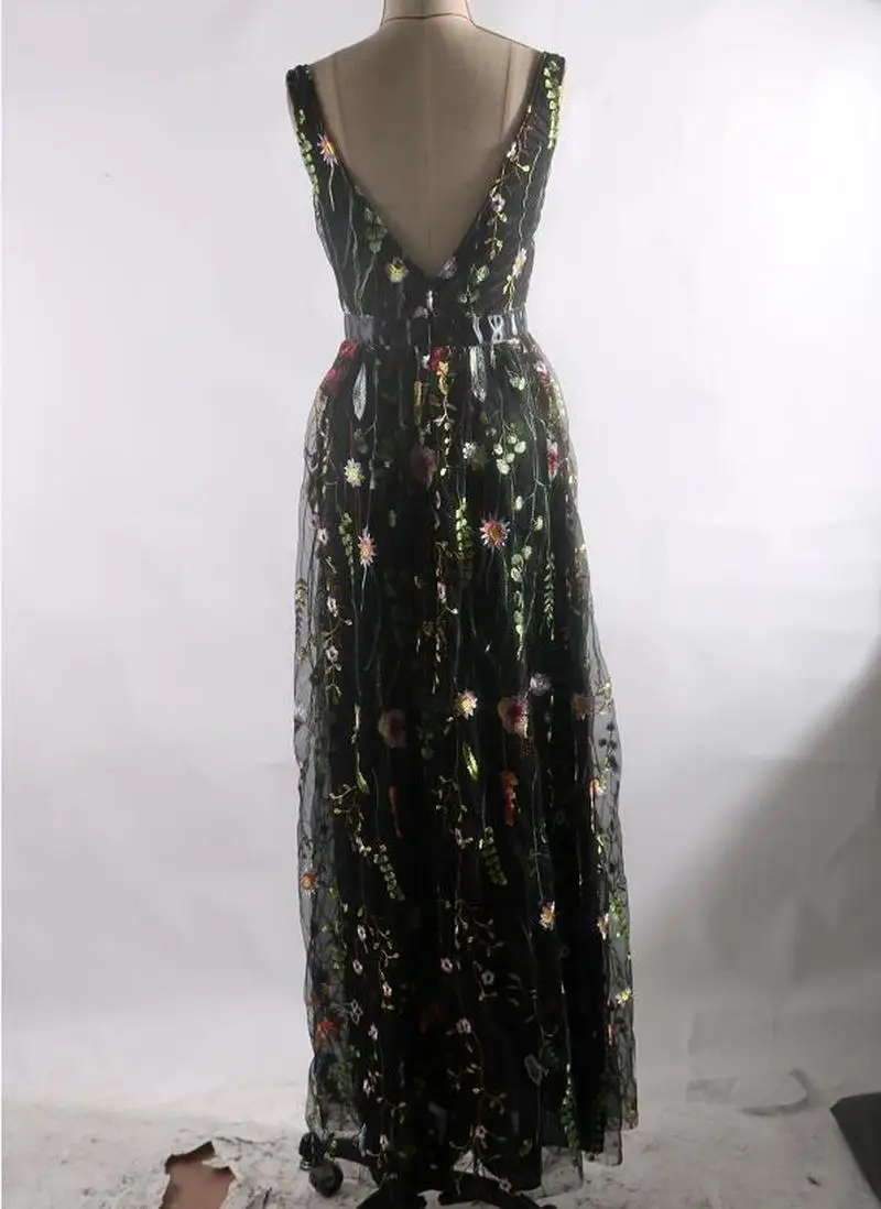 Women Sexy Mesh Embroidery Dress Slim V Neck Backless Black Autumn Winter Long Gown Party Vestidos De Fiesta | Женская одежда