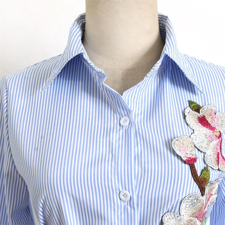 Женское мини платье в Вертикальную Полоску рубашка с длинными рукавами и вышитым