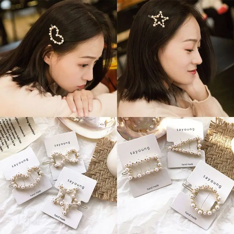 

Women Glitter Metal Alloy Side Hair Clip Luxury Faux Pearl Embellishment Hairpin Minimalist Bowknot Geometric Shape Vintage