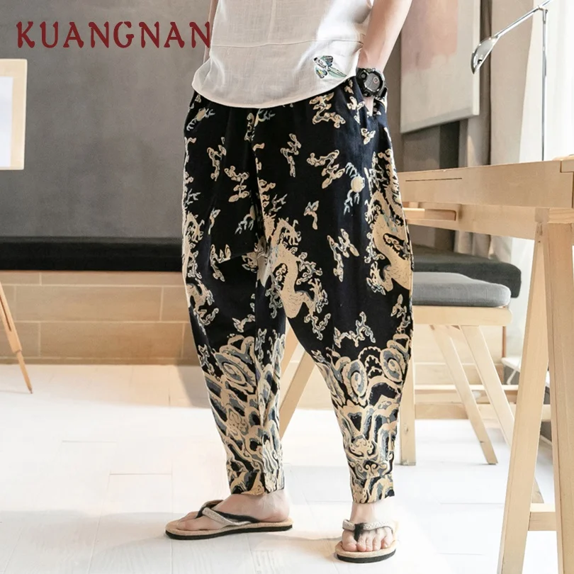 KUANGNAN китайский дракон принт широкие брюки мужские джоггеры Японская уличная одежда джоггеры брюки мужские тренировочные брюки мужские штаны