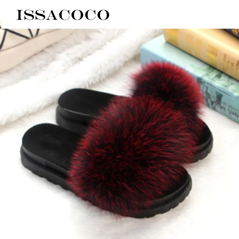 Wine Red ISSACOCO/женские шлепанцы из натурального Лисьего меха; женские нескользящие пушистые меховые тапочки; женские пушистые тапочки; милые плюшевые тапочки с лисьим мехом - Цвет: Wine Red