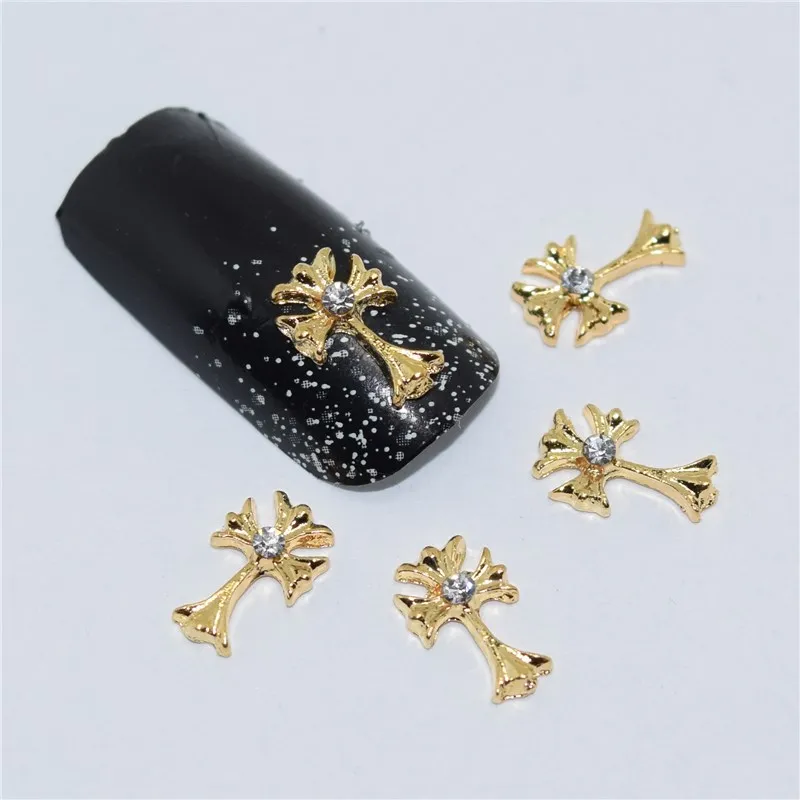 10psc Новый Золотой Крест 3D украшения для ногтей сплав подвески Стразы #071|nail charms|3d