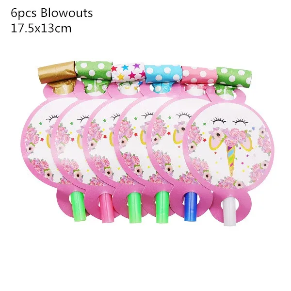 6pcs Blowouts Вечерние украшения в виде единорога для девочек, топперы для торта на день рождения, тематические бумажные стаканчики в виде единорога, шляпы, салфетки, скатерть, Детские Подарочные вечерние принадлежности - Цвет: 6pcs Blowouts